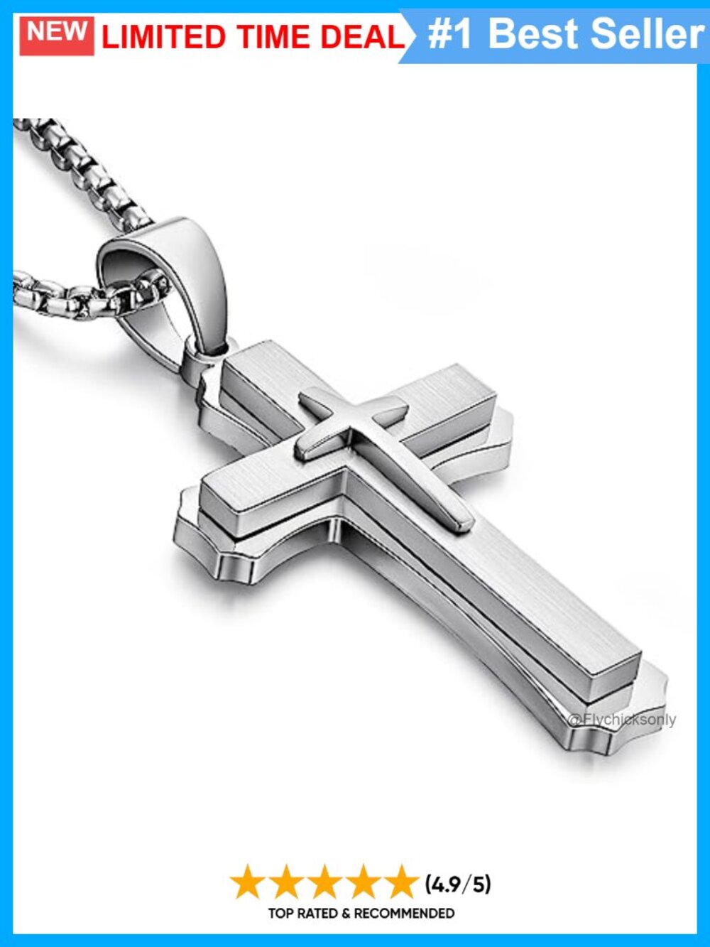 Men's 316L Stainless Steel Cross Necklace Polished Rolo Chain Pendant